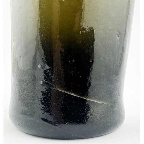 640 - PLYMOUTH CYLINDER WINE BOTTLE. 10.5ins tall. (Burton p748) Black/ dark olive glass. Long neck, doubl... 