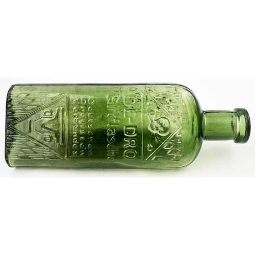 643 - LARGE GERMAN POISON BOTTLE. 7.1ins tall. Superb triangular green glass bottle very heavily embossed ... 