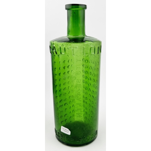 650 - TAYLORS PATENT POISON BOTTLE. 8.4ins tall (20oz). Bright mid emerald green glass. One half semi circ... 