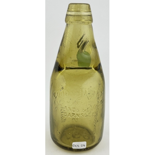 651 - BURY ST EDMUNDS DUMPY CODD BOTTLE. 7.25ins tall. Amber glass, aqua marble, embossed vertically to fr... 