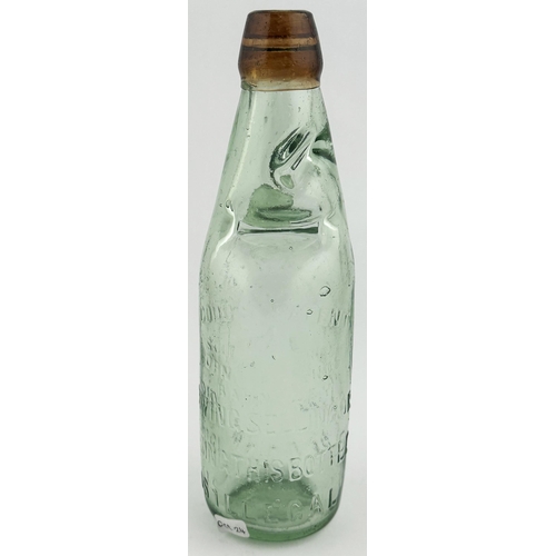 654 - OLDHAM BROWN LIP CODD BOTTLE. 8.7ins. Aqua glass with brown lip, embossed E DUCKWORTH. Rear reads CO... 