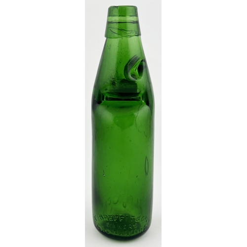 656 - ALNWICK CODD BOTTLE. 9ins tall. Emerald green 10oz, embossed GS SMART. Rear reads E BREFFIT & CO LD/... 