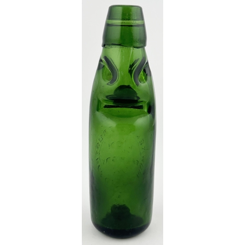 657 - OXFORD CODD BOTTLE. 7.4ins tall. Deep dark green 6oz. 4 neck retaining lugs. Heavily embossed MORREL... 