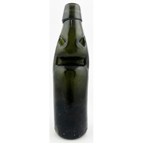 658 - OXFORD CODD BOTTLE. 9ins tall. Dark olive green 10oz with aqua marble. 4 neck retaining lugs. Heavil... 