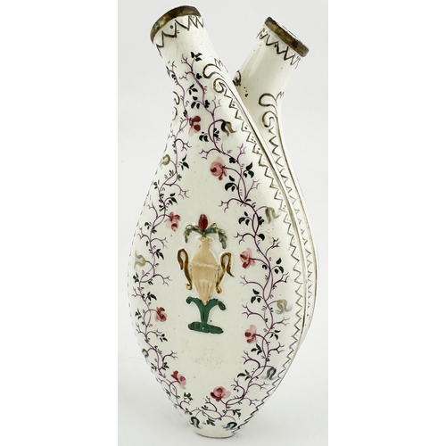 677 - POTTERY DOUBLE GIMMEL FLASK. 7ins tall. Hand painted floral design. Repaired lip but a scarce early ... 