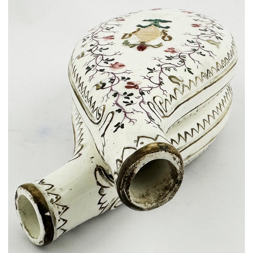 677 - POTTERY DOUBLE GIMMEL FLASK. 7ins tall. Hand painted floral design. Repaired lip but a scarce early ... 