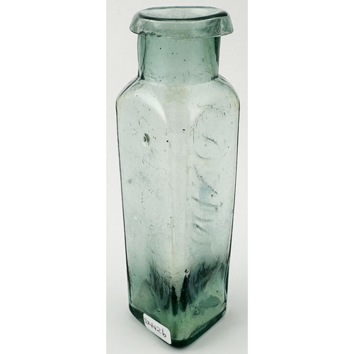 692 - LONDON MUSTARD BOTTLE. 5.7ins tall. A fine bluey aqua glass utility, flared rolled lip, small bottom... 