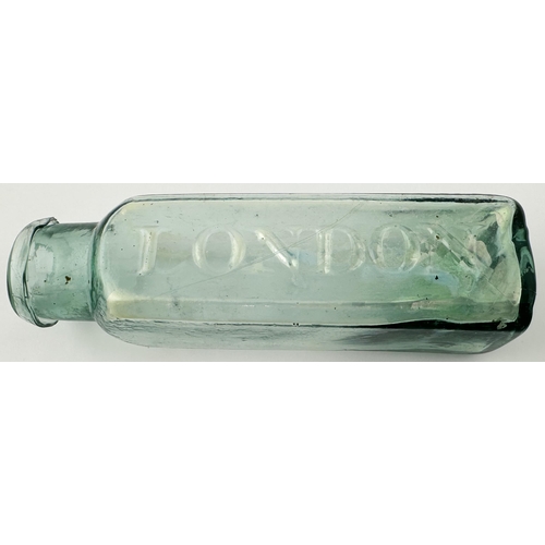 692 - LONDON MUSTARD BOTTLE. 5.7ins tall. A fine bluey aqua glass utility, flared rolled lip, small bottom... 