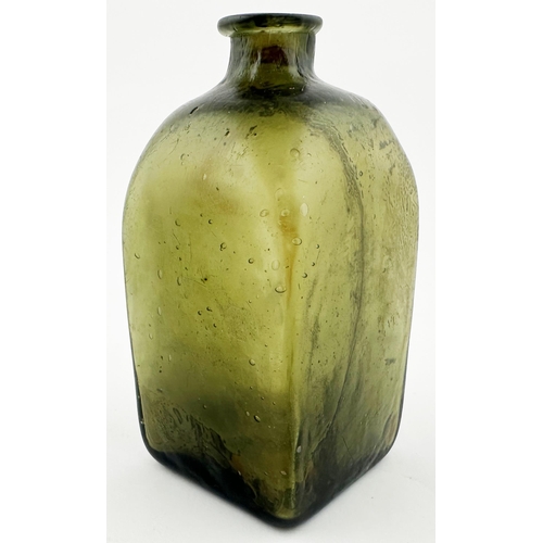 694 - ENGLISH SQUARE BODIED FREEBLOWN UTILITY BOTTLE. 4.5ins tall. Pale green glass, square body, short ne... 