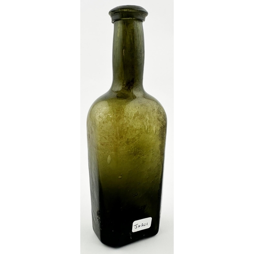 696 - ENGLISH LONG NECKED UTILITY BOTTLE. 7.1ins tall. Classic English early form, dark green (near base).... 