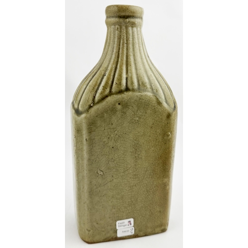 699 - WAINFLEET SLAB SEALED SPIRIT FLASK. 9ins tall. An outstanding example of this classic grey green rec... 