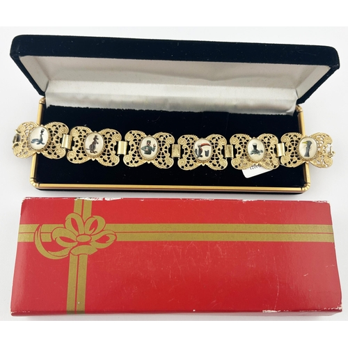 102 - GUINNESS BOXED BRACELET. 7.5ins long. Padded velvet case. Rose gold coloured bracelet with inset cha... 