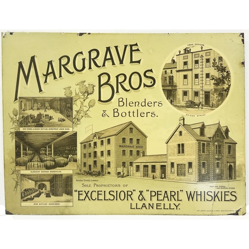 12 - LLANELLY MARGRAVE BROS WHISKY SIGN. 15.2 x 20ins. Very impressive pictorial printed tin sign for Exc... 