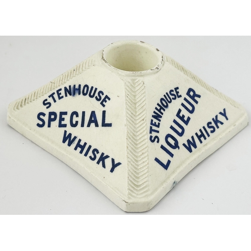 122 - STENHOUSE WHISKY STRIKER & MATCHES HOLDER. 5 x 5.25ins. Four different blue transfers to the sloping... 