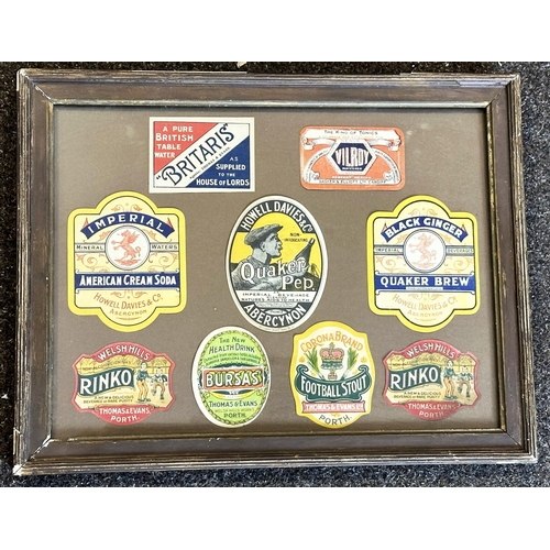 146 - FRAMED WELSH DRINKS LABELS. Wooden frame (tatty, shown here minus that) 17.5 x 13.5ins. Nine various... 