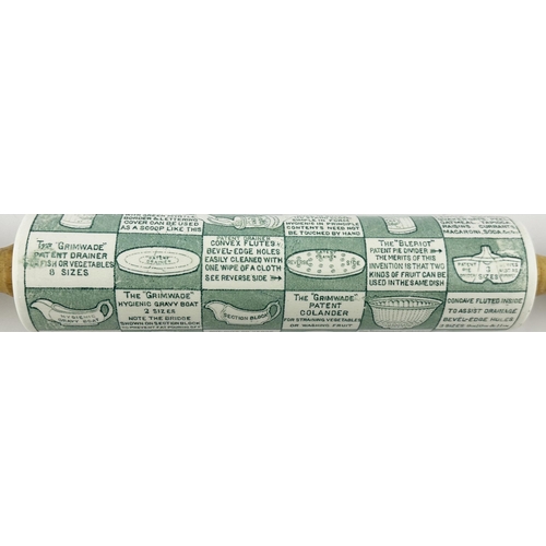 154 - GRIMWADE BLAENAU FESTINIOG ROLLING PIN. 18.5ins to end of wooden handles. Ceramic rolling pin emblaz... 