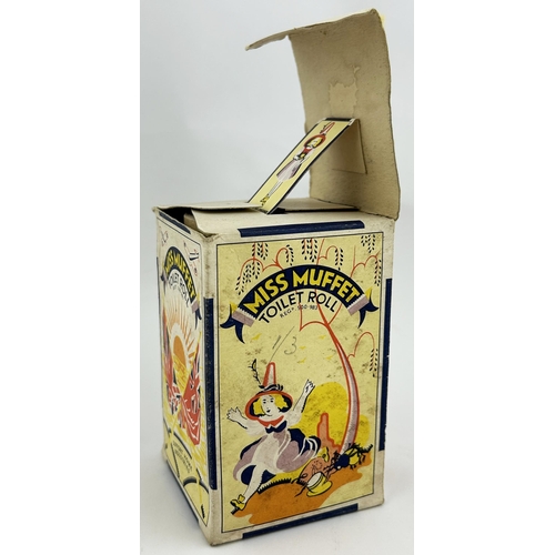 167 - BOXED MISS MUFFET TOILET ROLL FROM BRIDGFORD NOTTINGHAM. Closed box 5ins tall, 3.2 x 3.2ins square. ... 