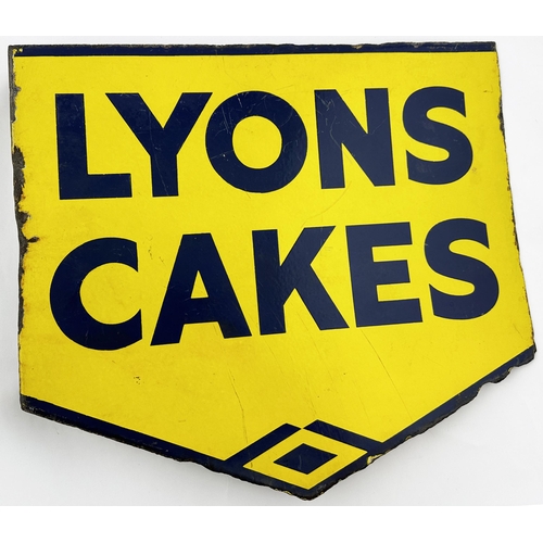 17 - LYONS CAKES DOUBLE SIDED ENAMEL SIGN. 17.5 x 15.5ins. Blue & yellow with curved side for wall hangin... 