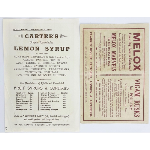 170 - CARTERS FRUIT SYRUP & MELOX ADVERTISING PAIR OF ORIGINAL MAGAZINE INSERTS. Carters is 8.5 x 5.5ins. ... 