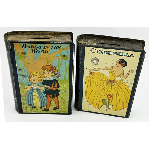 174 - CHILDRENS MONEY BOX BOOK TINS DUO. 5.8ins tall. Two book shaped money boxes featuring multi coloured... 