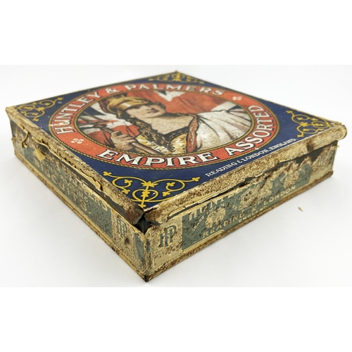 177 - HUNTLEY & PALMERS EMPIRE ASSORTED BISCUITS TIN. 8.6 x 9.1 x 2.1ins. Powerful & colourful Britannia f... 