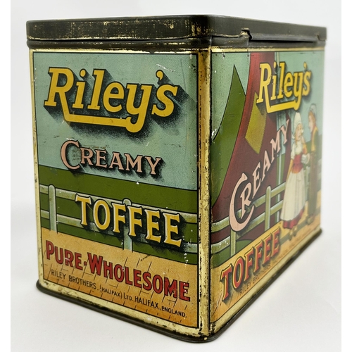 178 - RILEYS CREAMY TOFFEE HALIFAX TIN. 6.4 x 4.3 x 5.3ins. Dutch style pictorial of young boy giving a gi... 