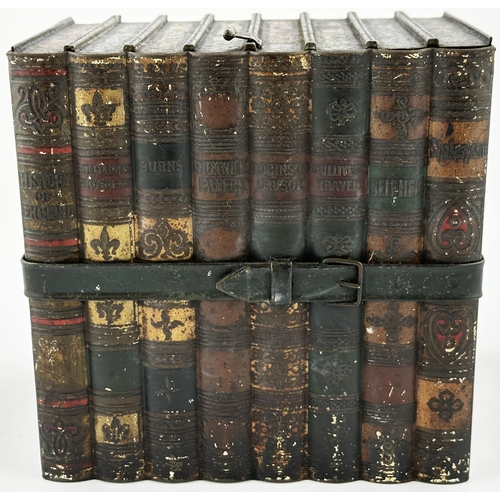 181 - HUNTLEY & PALMERS BOUND ROW OF BOOKS BISCUIT TIN. 6.7 x 4.7 x 6.25ins. Eight detailed books, bound b... 