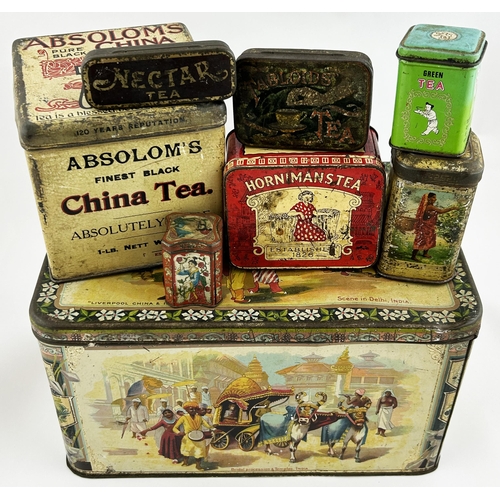 185 - MIXED GROUP OF TEA TINS. Largest (Liverpool, China & India tea 11 x 7 x 6.2ins. An interesting group... 