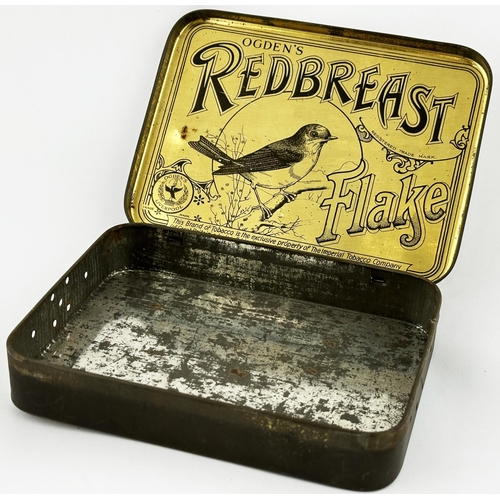 187 - OGDENS REDBREAST FLAKE TIN. 6.5 x 4.8 x 1ins. Multi coloured top featuring a large Robin on a branch... 