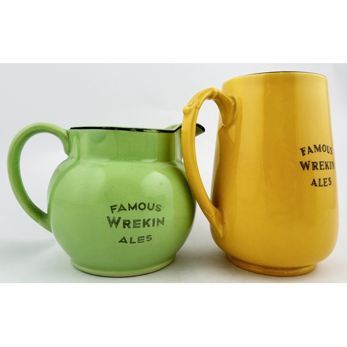 192 - WREKIN ALES PUB JUG DUO. Tallest 5.4ins. Smaller light green jug features a simple 3 lines each side... 