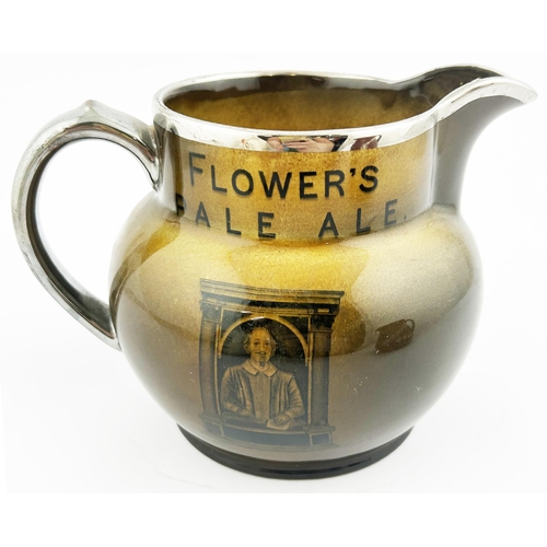 196 - FLOWERS PALE ALE WATER JUG. 5ins tall. Gradating light to dark brown body, silver handle & rim. Lett... 