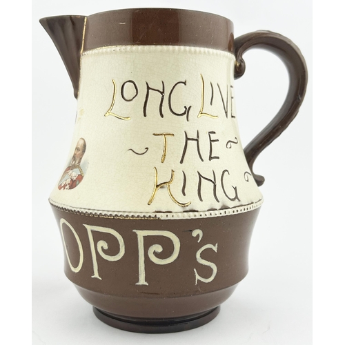 201 - ALLSOPPS LONG LIVE THE KING BEER JUG. 7.5ins tall. A most unusual jug design - red brown top & lower... 