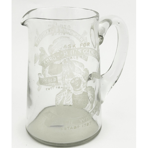 204 - ARROWSMITHS GLENLIVET BLEND SCOTCH WHISKY GLASS WATER JUG. 5.2ins tall. Clear glass, tapering form, ... 