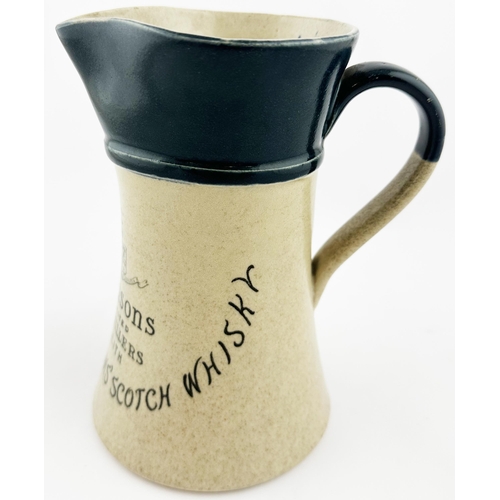 210 - PATTISONS SCOTCH WHISKY WATER JUG. 7.1ins tall. Dark bluey-green top, waisted form, flared lip, rear... 