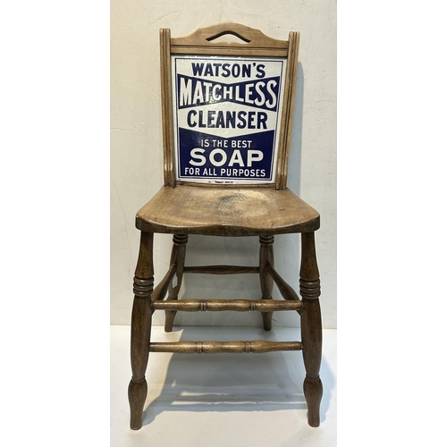 223 - WATSONS MATCHLESS CLEANSER ADVERTISING CHAIR. 36ins tall, 18ins front to back. Mid brown wood, turne... 