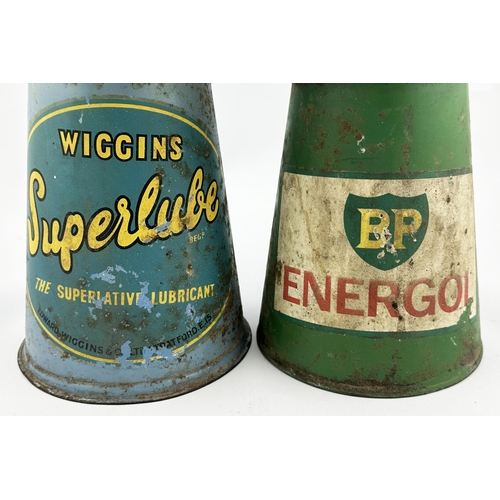 224 - OIL CAN DUO. Tallest 10.25ins. Wiggins Superlube (rare) & BP Energol. Evident visible wear to the sl... 