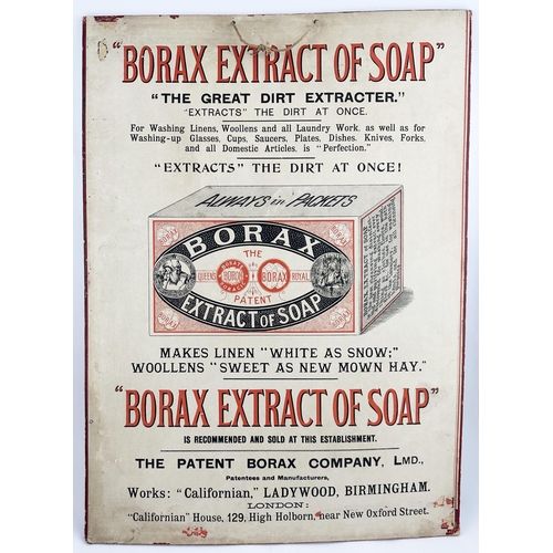 226 - BORAX DRY SOAP SHOWCARD. 16.7 x 23ins. Truly stunning original hanging thick, inside shop, card show... 