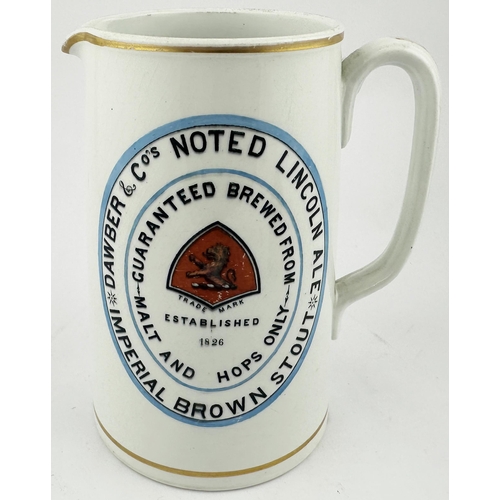 244 - DAWBER & Cos LINCOLN ALE & IMPERIAL BROWN STOUT BEER JUG. 7.3ins tall. Slightly tapering all white 2... 