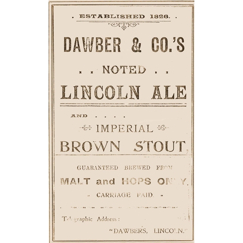 244 - DAWBER & Cos LINCOLN ALE & IMPERIAL BROWN STOUT BEER JUG. 7.3ins tall. Slightly tapering all white 2... 