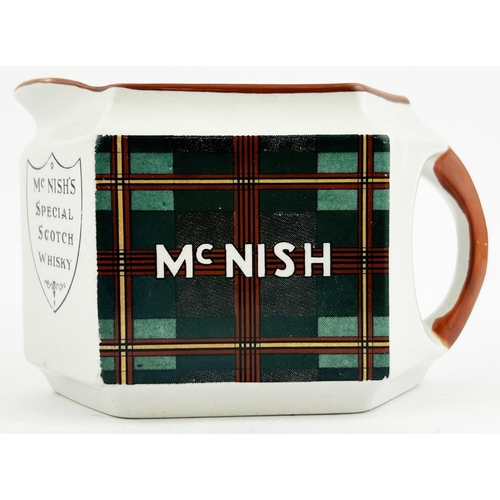 247 - McNISH WHISKY WATER JUG. 3.2ins tall. Hexagonal shape featuring colourful tartan design to 2 sides w... 