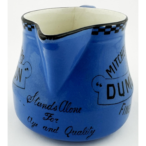 250 - MITCHELL & BUTLERS DUMBARTON WHISKY WATER JUG. 3.9ins tall. Mid blue outer body glaze, black rim dec... 