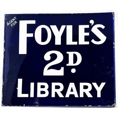 31 - FOYLES 2D LIBRARY DOUBLE SIDED ENAMEL SIGN. 13.5 x 16ins. Strong/ deep blue background with bold whi... 