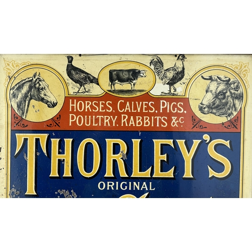 39 - THORLEYS FOOD FOR CATTLE ADVERTISING TIN SIGN. Wooden frame 25 x 19.9ins. Various farm animals depic... 