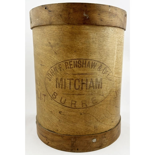 57 - MITCHAM SURREY WOODEN SPLIT ALMONDS TUB. 10.25 ins tall, 8ins diam. Unusual lidded thin wooden tub w... 