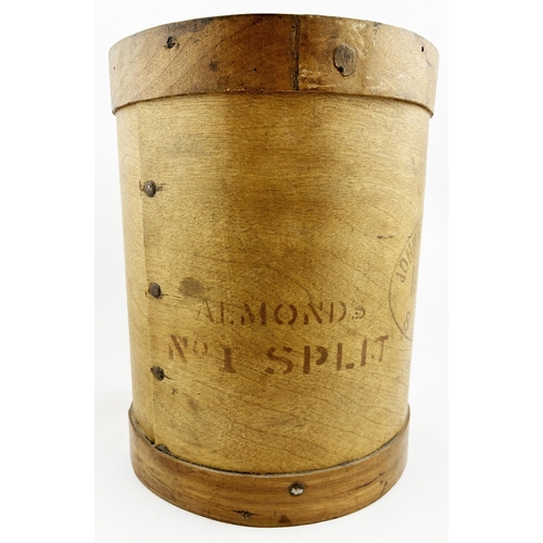 57 - MITCHAM SURREY WOODEN SPLIT ALMONDS TUB. 10.25 ins tall, 8ins diam. Unusual lidded thin wooden tub w... 