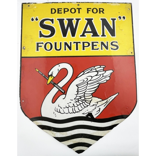 6 - SWAN FOUNTPENS ENAMEL SIGN. 19.6 x 15ins. Shield shape featuring swan pictorial -m holding pen in be... 