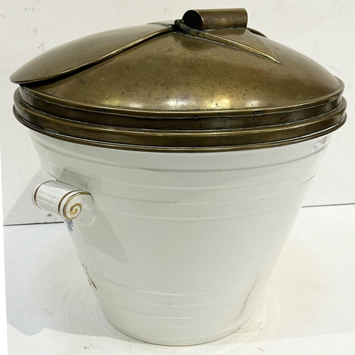 64 - DAIRY SUPPLY COMPANY NEW MILK LIDDED DAIRY PAIL. 17.7ins tall to top of hinged brass lid. Multi colo... 