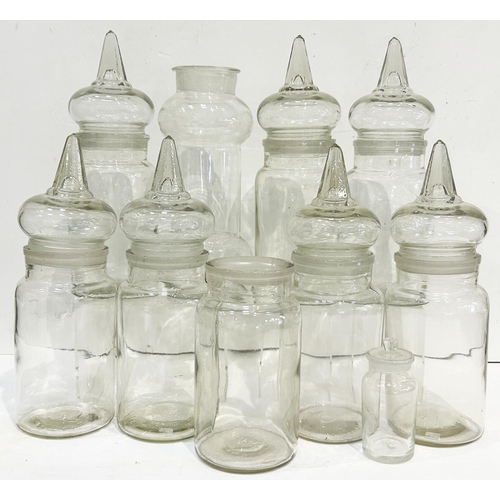 67 - EARLY GLASS SWEET JAR GROUP. Tallest 15.5ins. Heavy clear glass jars, various sizes, some with point... 