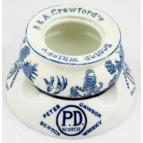 77 - CRAWFORDS & PETER DAWSON ASHTRAY DUO. Peter Dawson is the larger at 5.5ins diam. Both blue & white w... 