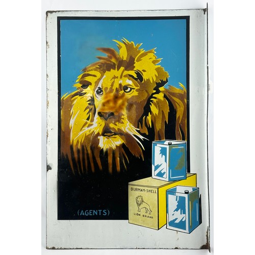 280 - BURMAH SHELL DOUBLE SIDED ENAMEL SIGN. 16 x 24ins. Image of lion & boxes with bottles in, one side w... 